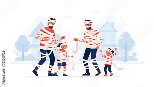 Halloween Family Fun: A vibrant illustration showcases a family embracing the spirit of Halloween. Dressed in mummified costumes, the parents and children engage in playful interaction.