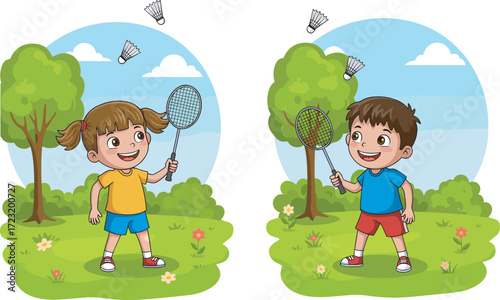 Cartoon children playing badminton in park, outdoor fun, shuttlecock action, sunny day, green grass, colorful flowers, cheerful activity, healthy lifestyle