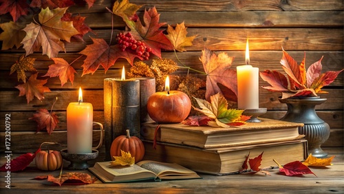Cozy autumn scene with books and candles