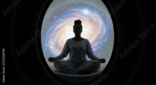Meditating woman silhouette inside spacecraft viewing cosmic galaxy space universe spiritual mindful zen stars nebulae peace