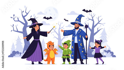 Spells and Smiles: A whimsical and colorful illustration depicting a magical family dressed up in enchanting costumes. A mother witch, a father wizard, a young dragon, a young elf.