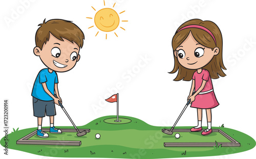 Cartoon children playing mini-golf, outdoor fun activity, sunny day, smiling sun, golf clubs, cheerful scene, playful kids, colorful illustration