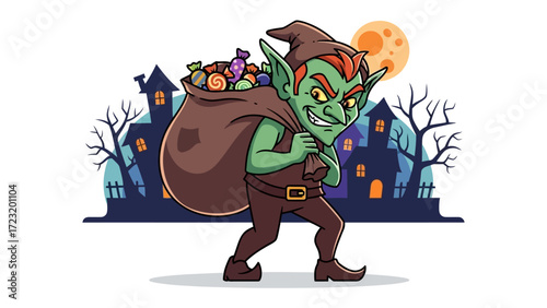 Spooky Goblin's Halloween Haul: A mischievous green goblin, burdened by a hefty sack of treats under a haunting moonlight, embodies the spirit of Halloween.