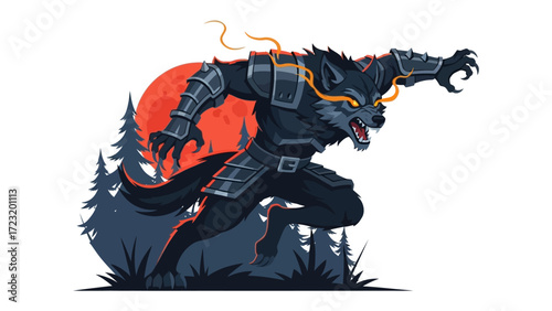 Moonlit Howl: A fierce illustration depicting a mystical wolf-like creature, illuminated by the glow of a crimson full moon in the tranquil woods.