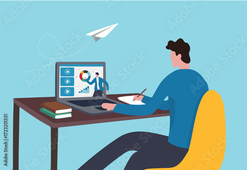 Study online course, learning new skill from internet or e-learning website, training or online class for knowledge concept, young adult employee studying online course on computer laptop.