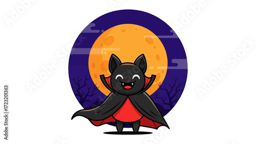 Spooky Bat under Full Moon: A charming illustration of a cheerful cartoon bat, donning a cape, stands beneath a radiant full moon, epitomizing the spirit of Halloween.