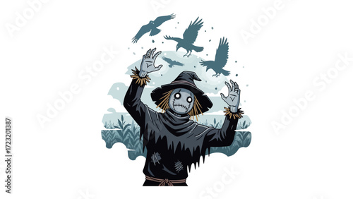 Scarecrow Confronts Crows: A detailed vector illustration showcases a scarecrow with a straw-stuffed head, standing defiantly beneath a flight of ominous crows in a chilling scene. 