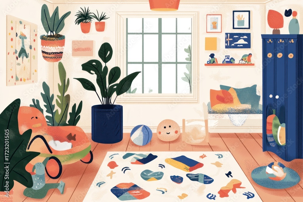 custom made wallpaper toronto digitalPlayful kids room with plants, toys, and window.