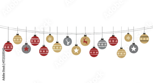Festive holiday garland of red, gold, and grey Christmas ornaments with snowflake, star, and reindeer designs perfect for seasonal celebrations