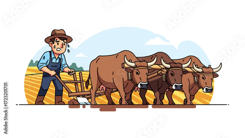 Hard Work on the Farm: Depicts a farmer with a furrowed brow, diligently working in a golden field with the help of his oxen. His effort paints a picture of dedication and the rewards of the land.