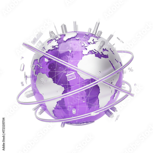 Global business connections and world trade, an interconnected planet for international commerce and financial growth, purple and white globe with buildings