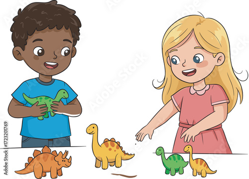 Cartoon children playing with toy dinosaurs, creative indoor activity, colorful prehistoric animals, imaginative fun, learning playtime, cheerful scene, educational illustration