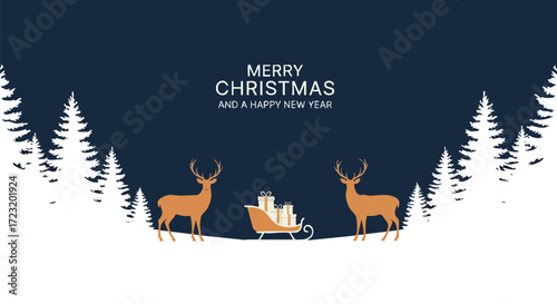 Festive reindeer flank a sleigh brimming with gifts amidst a snowy forest scene wishing Merry Christmas and Happy New Year