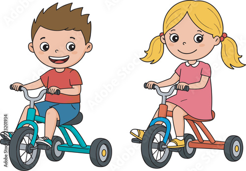 Cartoon children riding tricycles, outdoor playtime, smiling kids, colorful bikes, fun activity, summer scene, playful illustration, childhood adventure moment