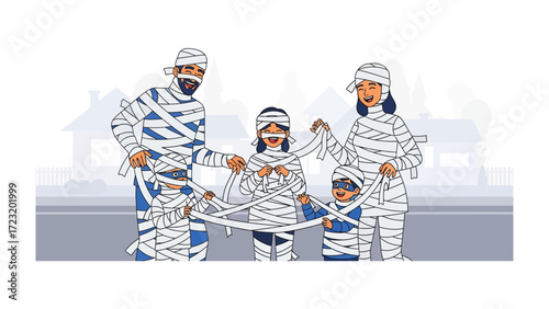 Family Mummy Fun: A family joyfully dressed as mummies poses against a cheerful Halloween-themed background. Capturing family bonding and embracing Halloween spirit.