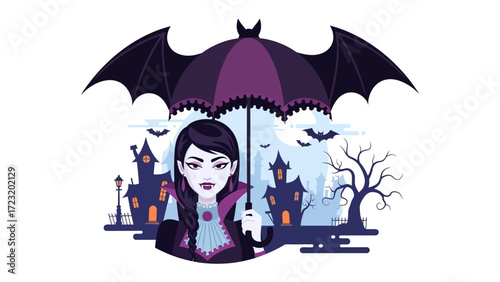 Mysterious Halloween Vamp: A captivating illustration of a mysterious woman, cloaked in a gothic style.