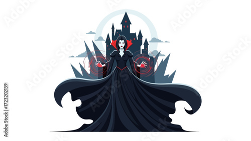 Mysterious Vampire in Silhouette: A sinister vampire figure, dressed in flowing black, stands confidently against a gothic castle backdrop.