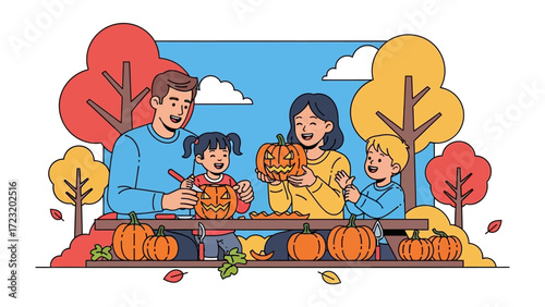 Harvest Time Together: A heartwarming illustration of a family, fully engrossed in the cherished tradition of carving pumpkins, embracing the essence of autumn, with a cozy atmosphere.