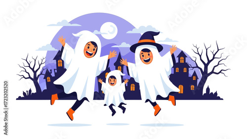 Spirited Halloween Gathering: Three cheerful individuals in charming ghost costumes joyfully jump and frolic in a playful Halloween scene. Amidst silhouetted spooky structures and a full moon.