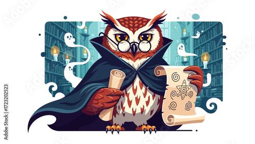 Wise Owl in Library: A scholarly owl in spectacles, draped in a dark cape, holds a scroll in a library, a scene brimming with intellect and a touch of mystery.