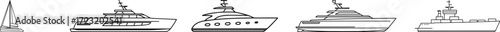 A line of stylized ships and a sailboat on a plain background