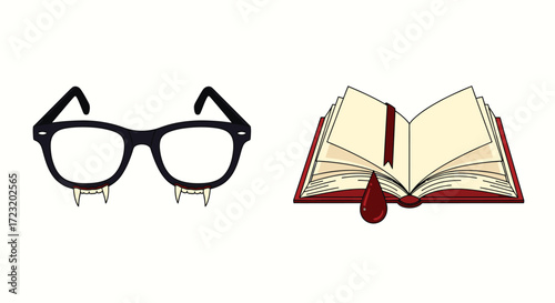 Vector art of vampire bookworm concept featuring glasses with fangs and an open book with a blood drop on it