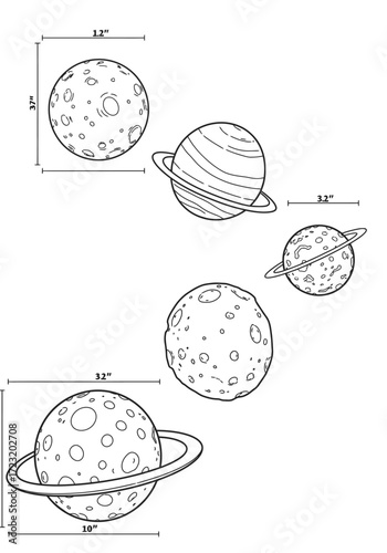 Vector art of planet blueprint featuring celestial bodies with rings and craters in a technical drawing style for space exploration