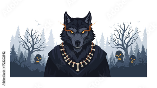 Mystical Wolf Figure in Forest: This digital illustration unveils a majestic wolf creature against the backdrop of a shadowy, surreal forest. The wolf's intense gaze pierces the observer.