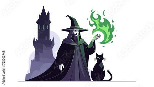 Mystic Magician: A wizard, with a long beard and tall hat, conjures a swirling flame next to a mysterious castle, accompanied by a sleek black cat.