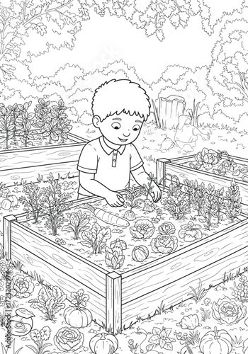 Vector art of little boy gardening in a raised bed, surrounded by plants and vegetables for coloring book