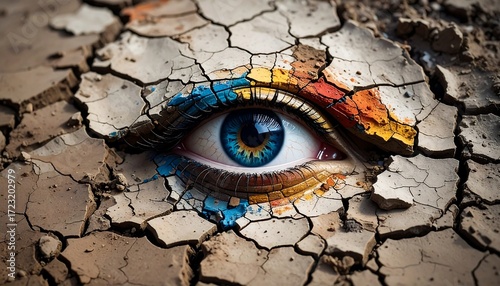 A human eye, painted with vibrant colors, set within cracked earth