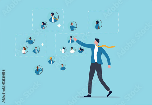 Reorganization or reorg to adjust, allocate resources, change team structure for efficiency, restructure organization, department and job roles concept, businessman ceo reorganize employee role chart.