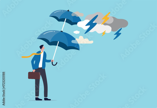 Extra protection for thunderstorm ahead, business protection or insurance, resilience or shield to survive crisis situation concept, businessman holding double layers umbrella to protect against storm