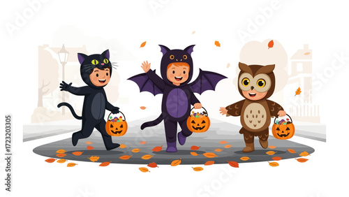 Spirited Halloween Stroll: Three joyful kids, dressed as a playful cat, a mysterious bat, and a wise owl, embark on a spirited Halloween adventure, collecting treats in their charming pumpkin pails.