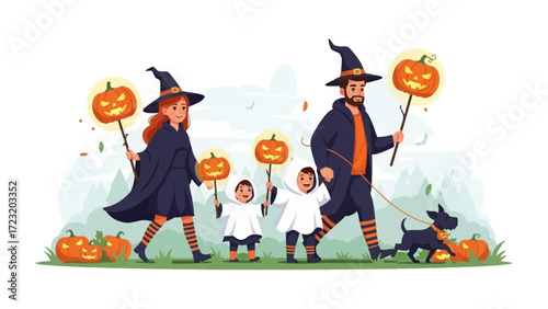 Spooky Family's Halloween Walk: A delightful family dressed in Halloween costumes joyfully strolls through a festive scene.