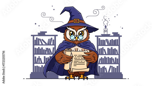 Wise Owl Wizard Reading in Library: An erudite owl, donned in a wizard's hat and cloak, peers through spectacles, engrossed in a scroll, surrounded by books in a mystical library.