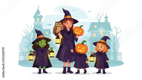 Halloween Witch's Gathering: An enchanting Halloween scene with a witch and several children dressed up, ready for trick or treat, in front of a spooky castle and night sky.