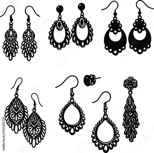 Elegant earrings vector set featuring eight unique ornate designs, hooks and studs, decorative shapes for fashion jewelry accessory illustration collection