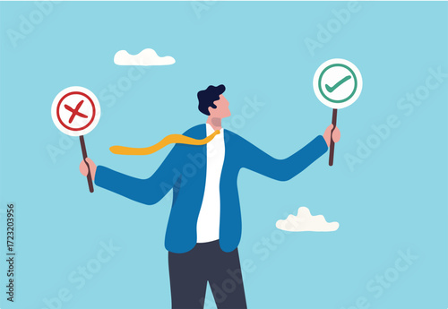 Business decision right or wrong, true or false, correct and incorrect, moral choosing option concept, thoughtful businessman holding right or wrong of left and right hand while making decision.