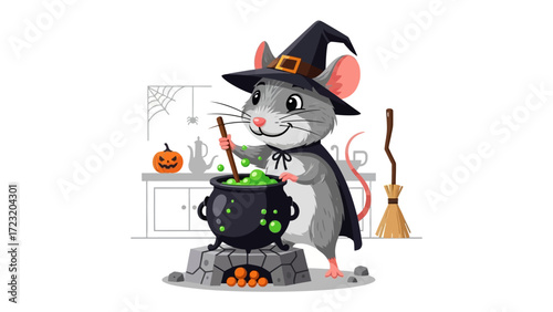 Mystical Brew: A cheerful cartoon mouse, dressed as a witch, stirs a bubbling cauldron, casting a magical spell with a delightful Halloween theme.