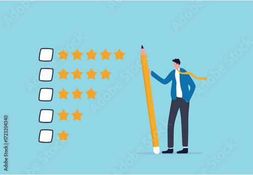 Evaluation or satisfaction feedback, performance rating or customer review, giving stars quality result, rate the service concept, thoughtful businessman holding pencil to evaluate star feedback.