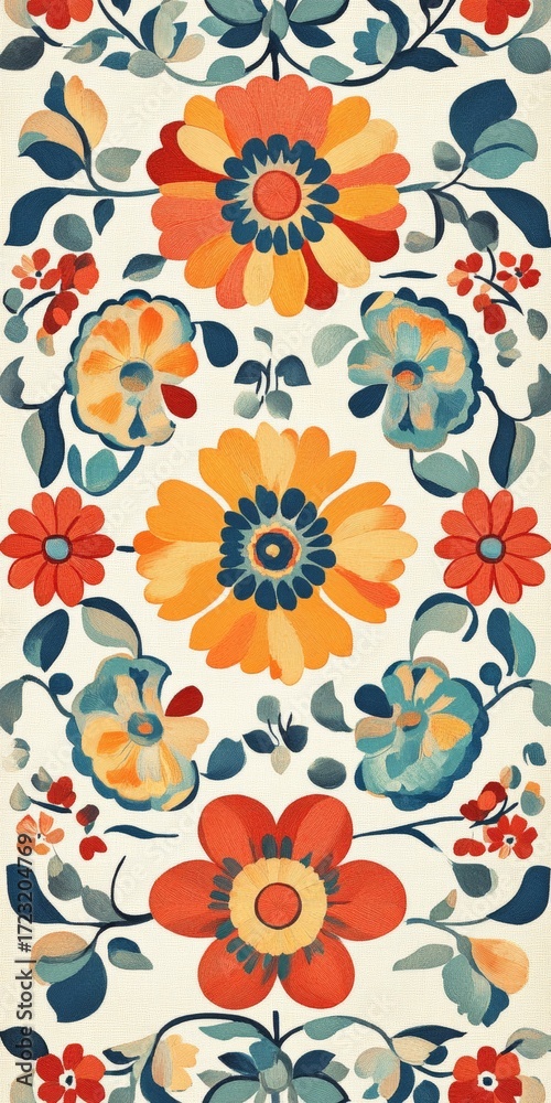 Fototapeta premium Colorful floral rug with a blue and white flower design. The rug is made of wool and has a floral pattern