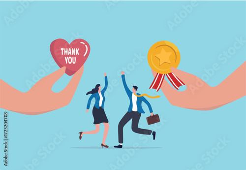 Employee appreciation, giving thank you or recognition award to best employees, gratitude or grateful support, thankful concept, businessman hand giving heart with thank you and reward to employees.