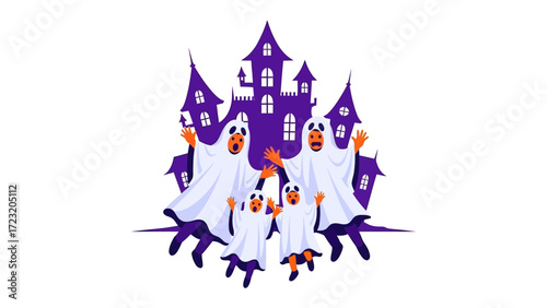 Haunted Family Gathering: A group of friendly ghosts frolic joyously in front of a whimsical haunted house, celebrating Halloween with spooky glee.