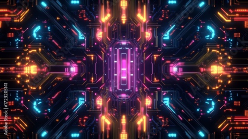 Colorful, neon-lit image of a computer chip. The image is abstract and has a futuristic feel to it