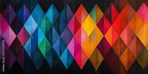 Colorful pattern of squares and triangles. The squares are in different colors and the triangles are in different sizes. The pattern is very colorful and vibrant