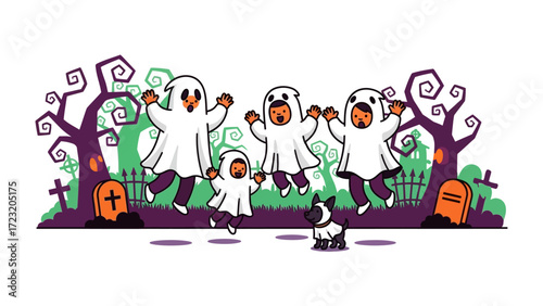 Happy Ghostly Gathering: A whimsical illustration of joyful ghosts frolicking, creating a cheerful and inviting scene, with a playful pup joining in the spooky fun. 