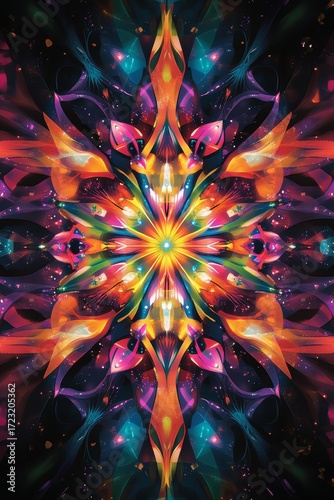 Colorful flower with a yellow center. The flower is surrounded by a dark background. The flower is very large and colorful