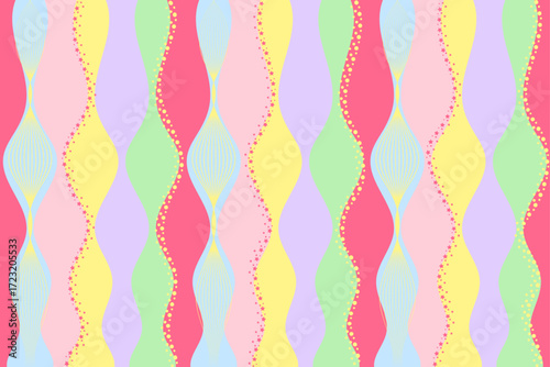 A lively background with wavy, colorful pastel stripes adorned with star and circle dot accents.