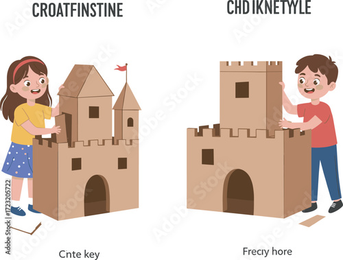 Cartoon children building cardboard castles, creative playtime, DIY activity, art supplies, imaginative fun, indoor scene, playful kids, educational illustration